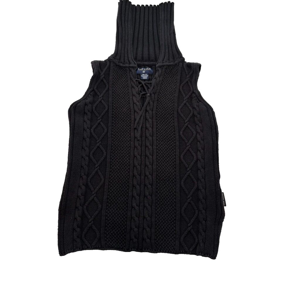 Vintage 90's Nautica Vest Black Cable Knit Collar Fisherman Sweater Cotton XS